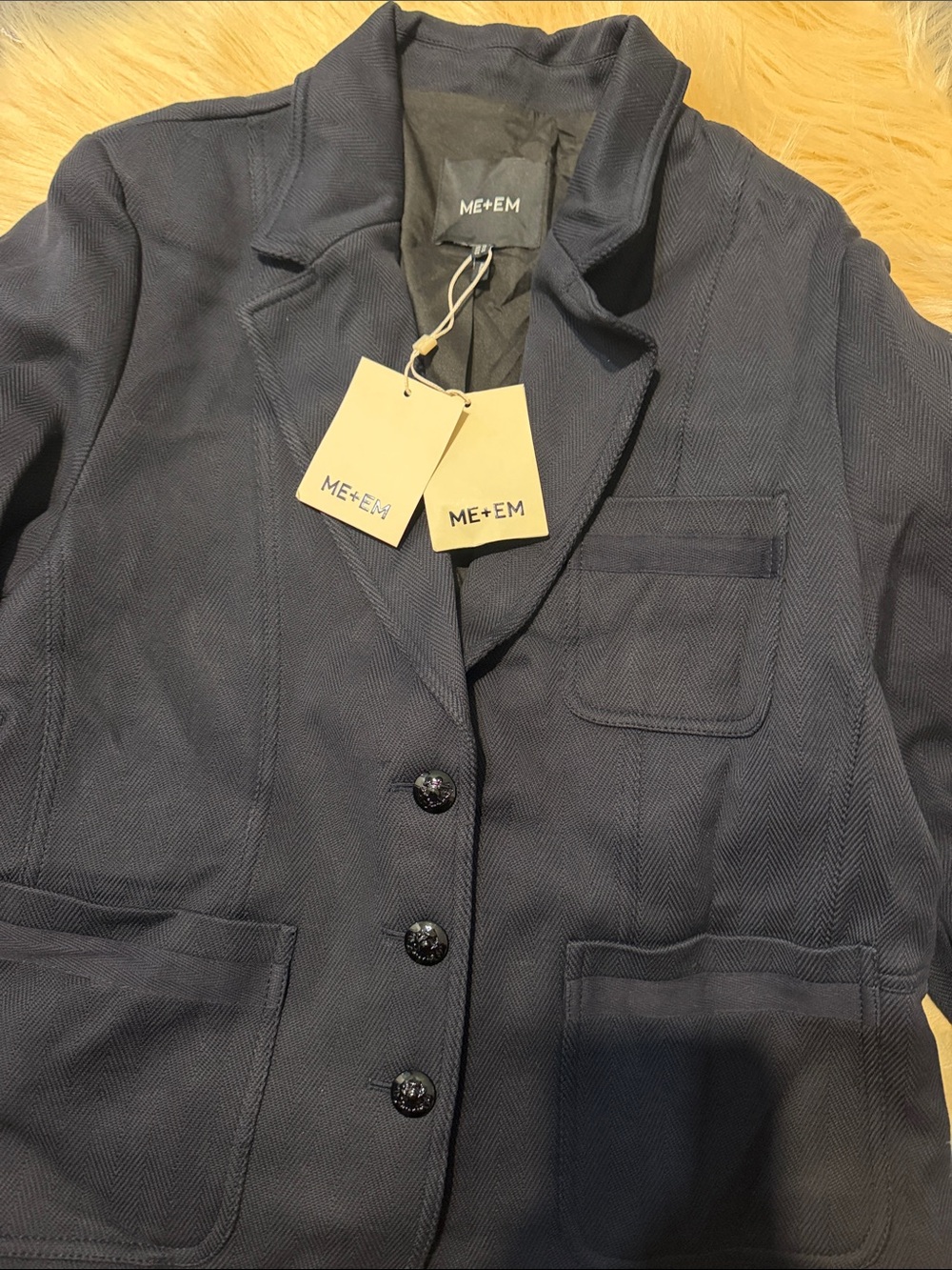 ME+EM Navy Herringbone Crop jacket Breasted Blazer size 18